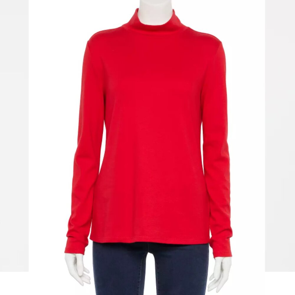 Croft & Barrow Essential Long-Sleeve Mockneck Top 100% Cotton Size M Color Red